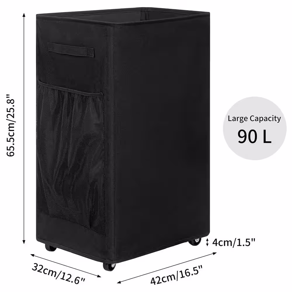None 90 L Plastic Laundry Basket Hamper with Wheels Black