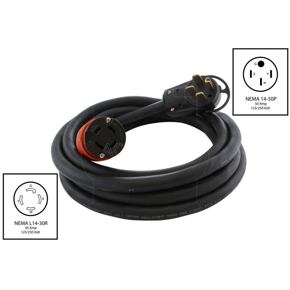 AC WORKS 25 ft. 10/4 4-Prong 14-50P 50 Amp Plug to L14-30R 4-Prong 30 Amp Generator Locking Connector