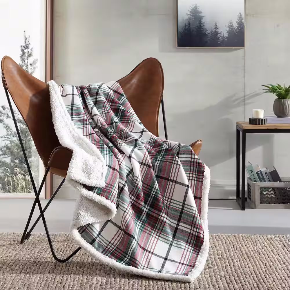 EDDIE BAUER Montlake Plaid Sherpa Beige Cotton Throw Blanket