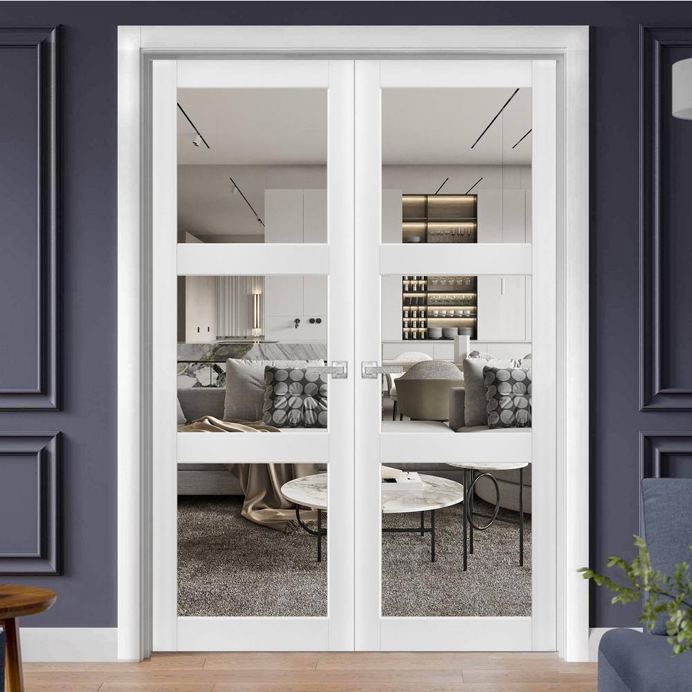 Sartodoors 2555 56 in. x 80 in. Universal Handling 3 Lite Clear Glass Solid White Finished Pine Wood Interior Door Slab