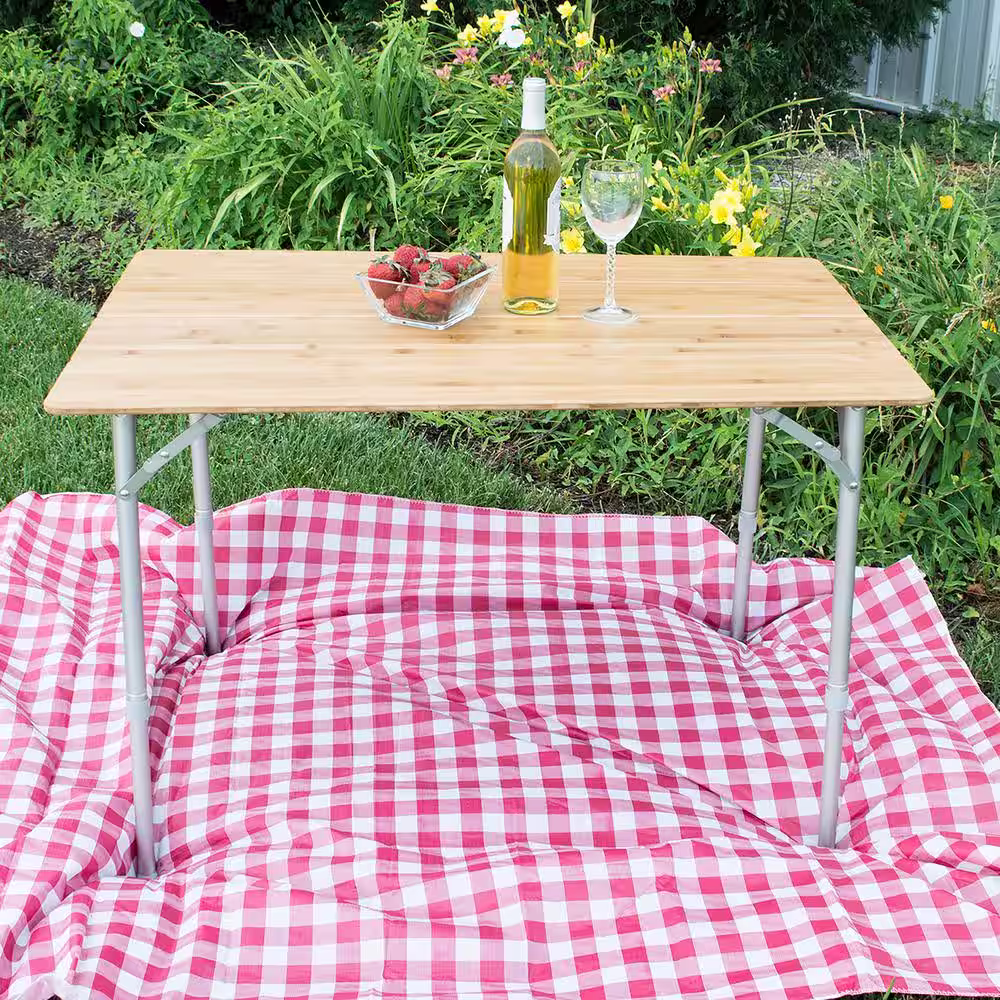 AmeriHome 39.35 x 25.5 Inch Adjustable Height Folding Bamboo Wood Table with Carry Bag