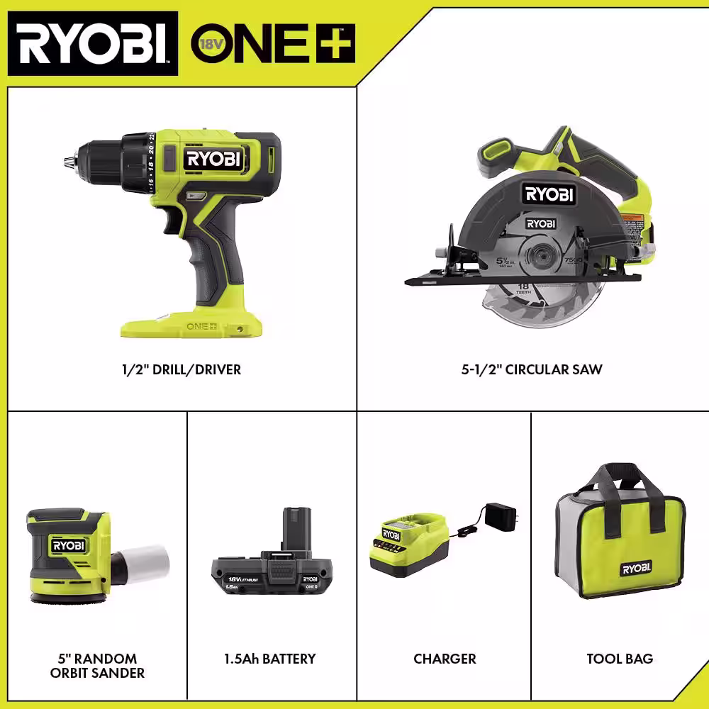 RYOBI ONE+ 18V Cordless 2-Tool Combo Kit w/ Drill/Driver, Circular Saw, (2) 1.5 Ah Batteries, Charger, & FREE Sander