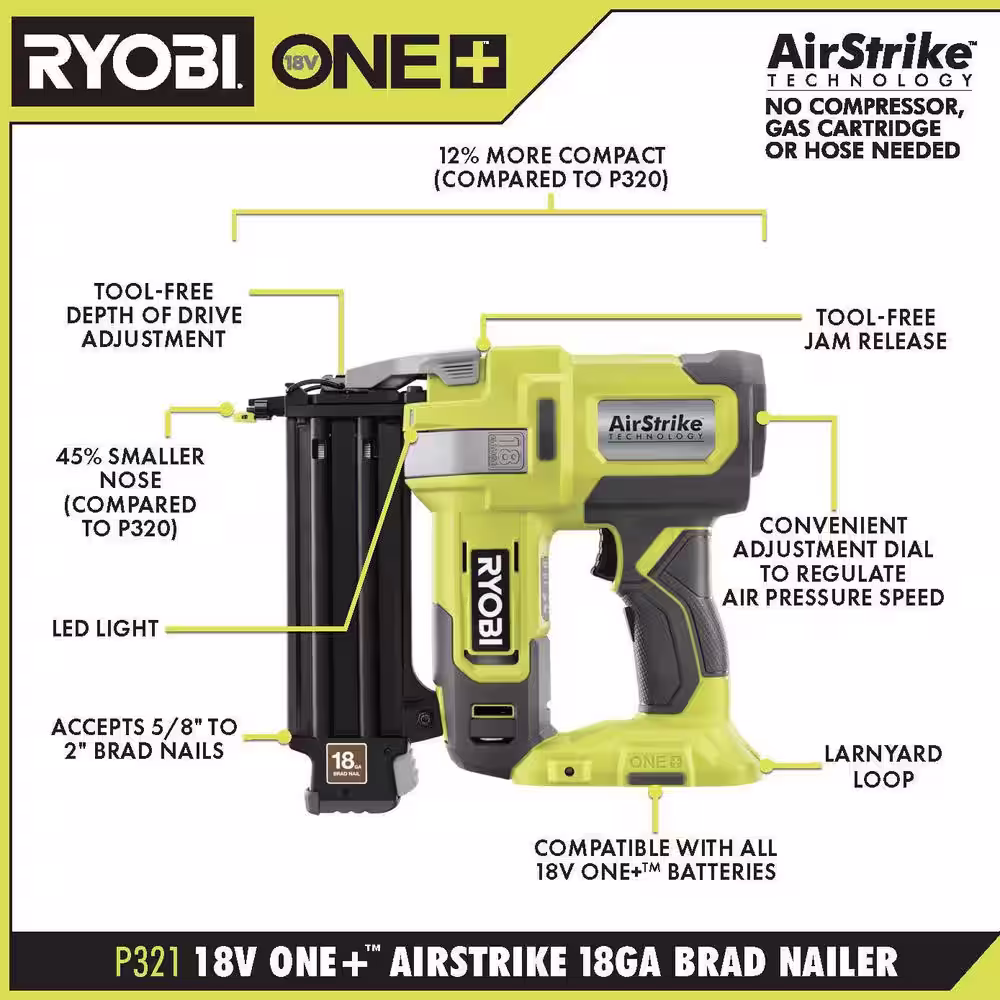 RYOBI ONE+ 18V 18-Gauge Cordless AirStrike Brad Nailer w/ Compact Router (Tools Only) & 15-Piece Shank Carbide Router Bit Set