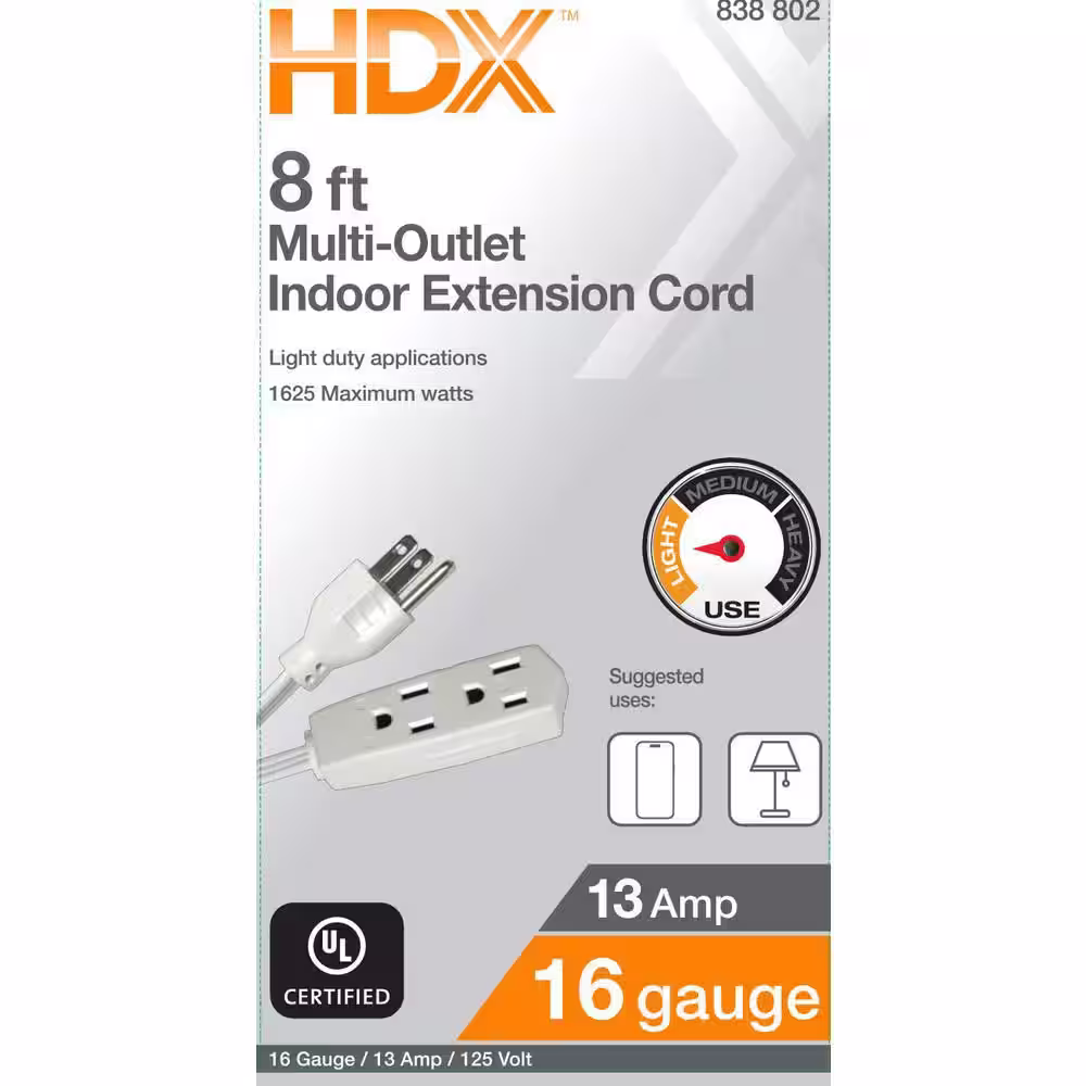 HDX 8 ft. 16/3 Light Duty Indoor Extension Cord with Banana Tap, White