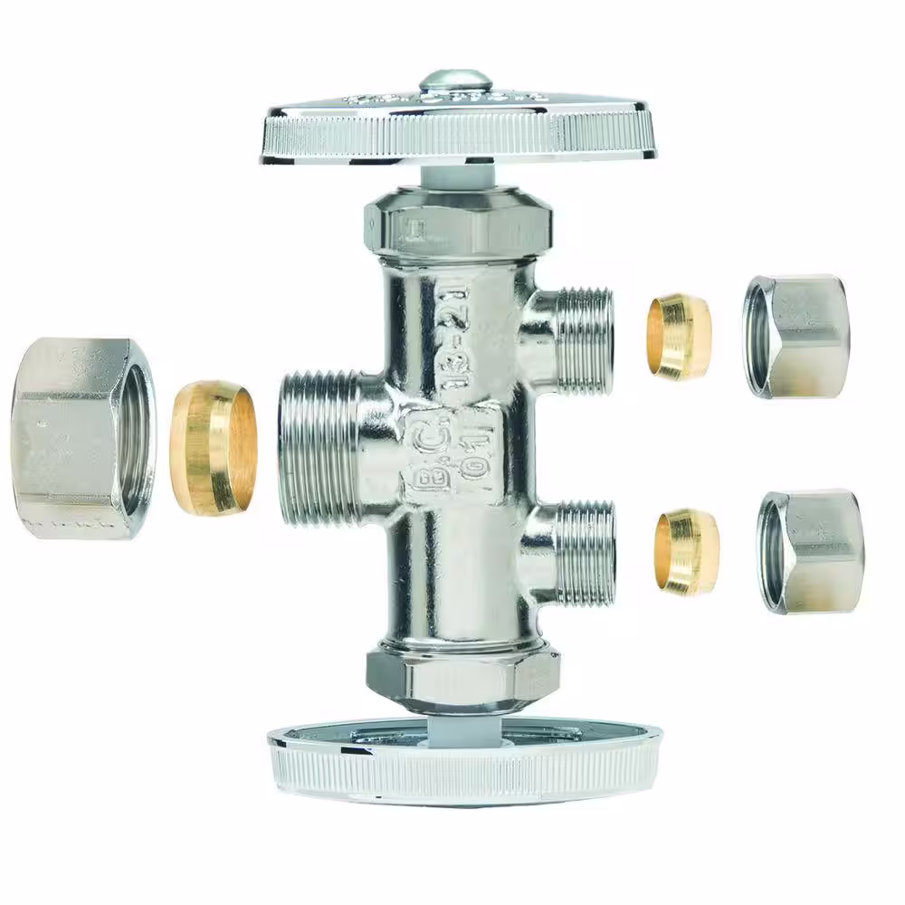 BrassCraft 1/2 in. Nom Comp Inlet x 3/8 in. O.D. Comp x 3/8 in. O.D. Comp Dual Outlet Dual Shut-Off Chrome Plated Straight Valve