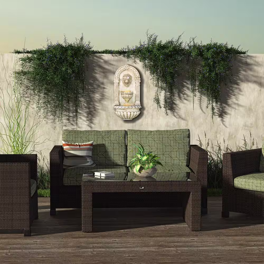 Alpine Corporation 32 in. Tall Outdoor Classical Wall-Mounted Water Fountain with Lion Head and LED Lights