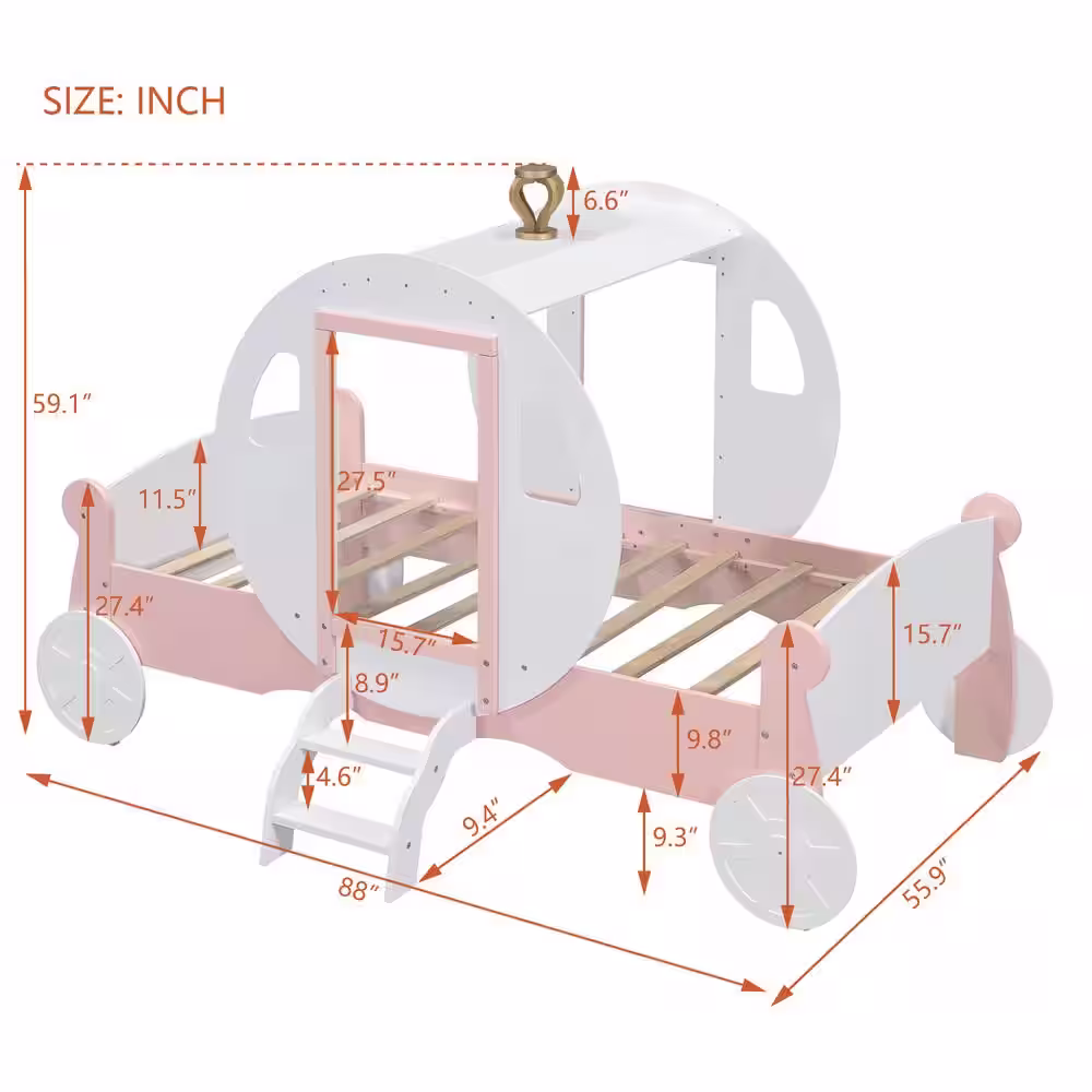 Harper & Bright Designs White and Pink Twin Size Wood Princess Carriage-shaped Kids Bed, Platform Bed with Crown and Ladder