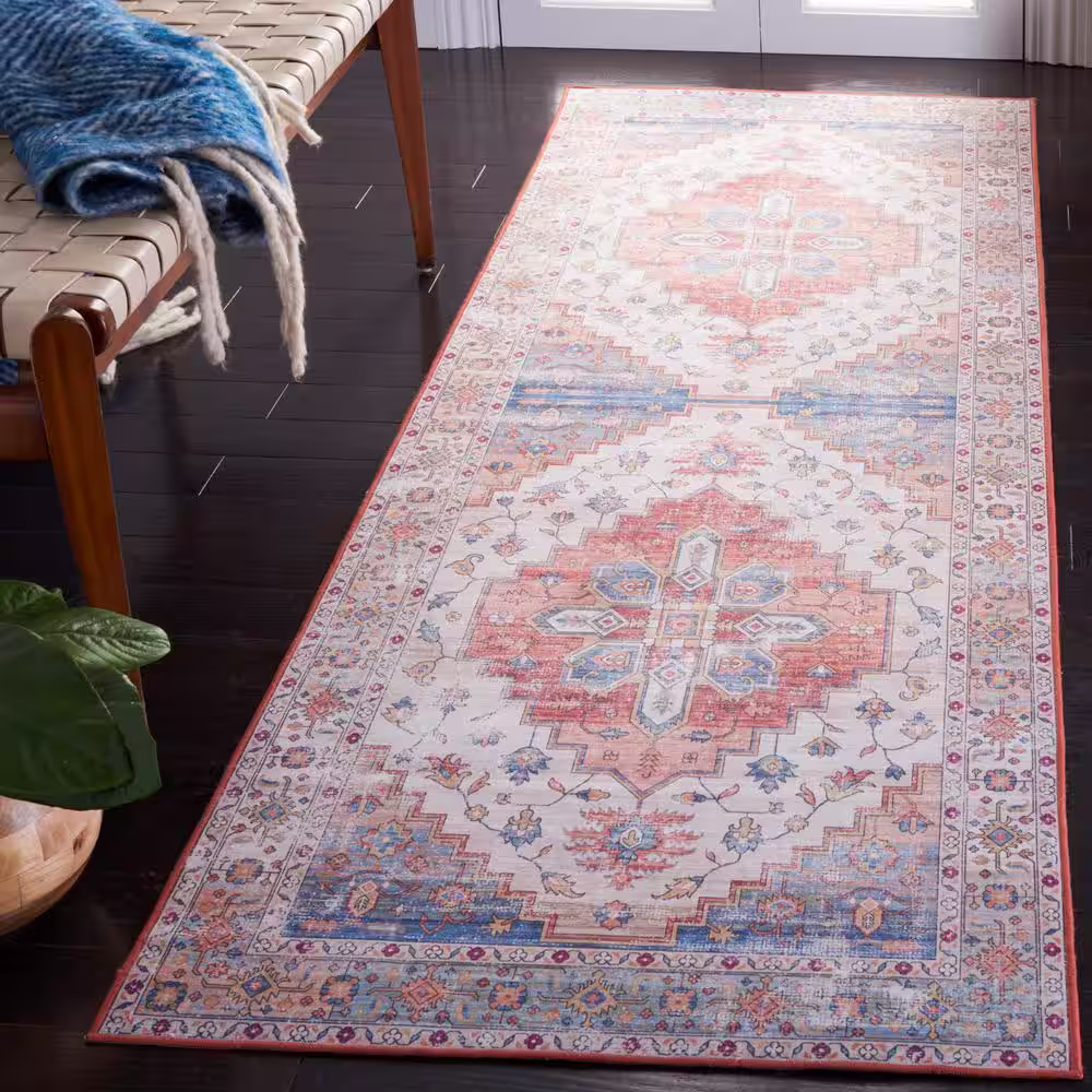 SAFAVIEH Tucson Beige/Blue 3 ft. x 22 ft. Machine Washable Floral Medallion Distressed Runner Rug