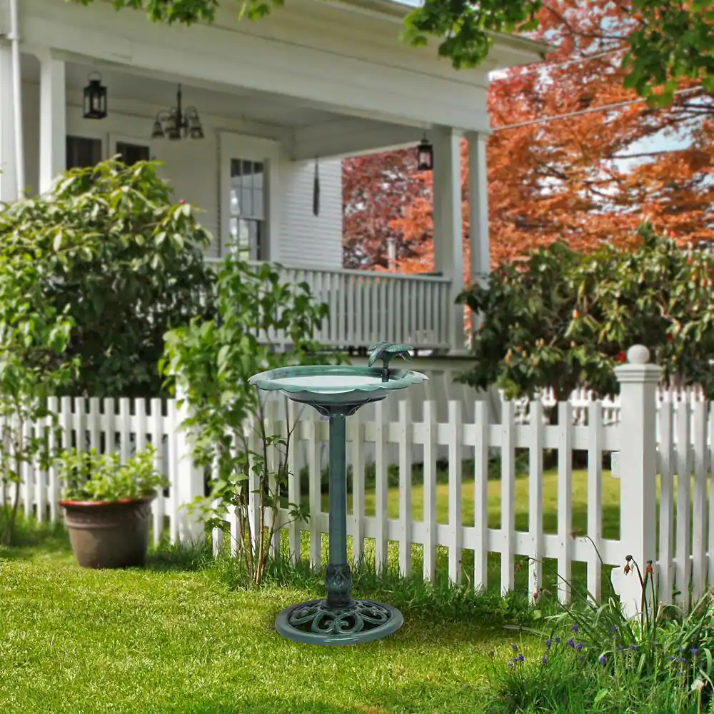 Alpine Corporation 31 in. Tall Outdoor Antique Flower Birdbath with Bird Decoration Yard Statue
