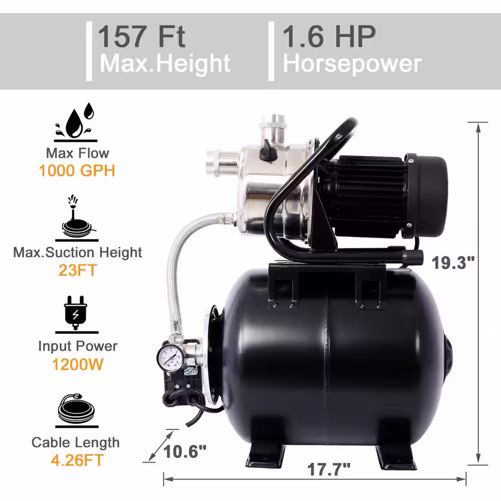 None 1.6 HP Black Stainless Steel Head Shallow Well Automatic Water Booster Pump with Pressure Tank