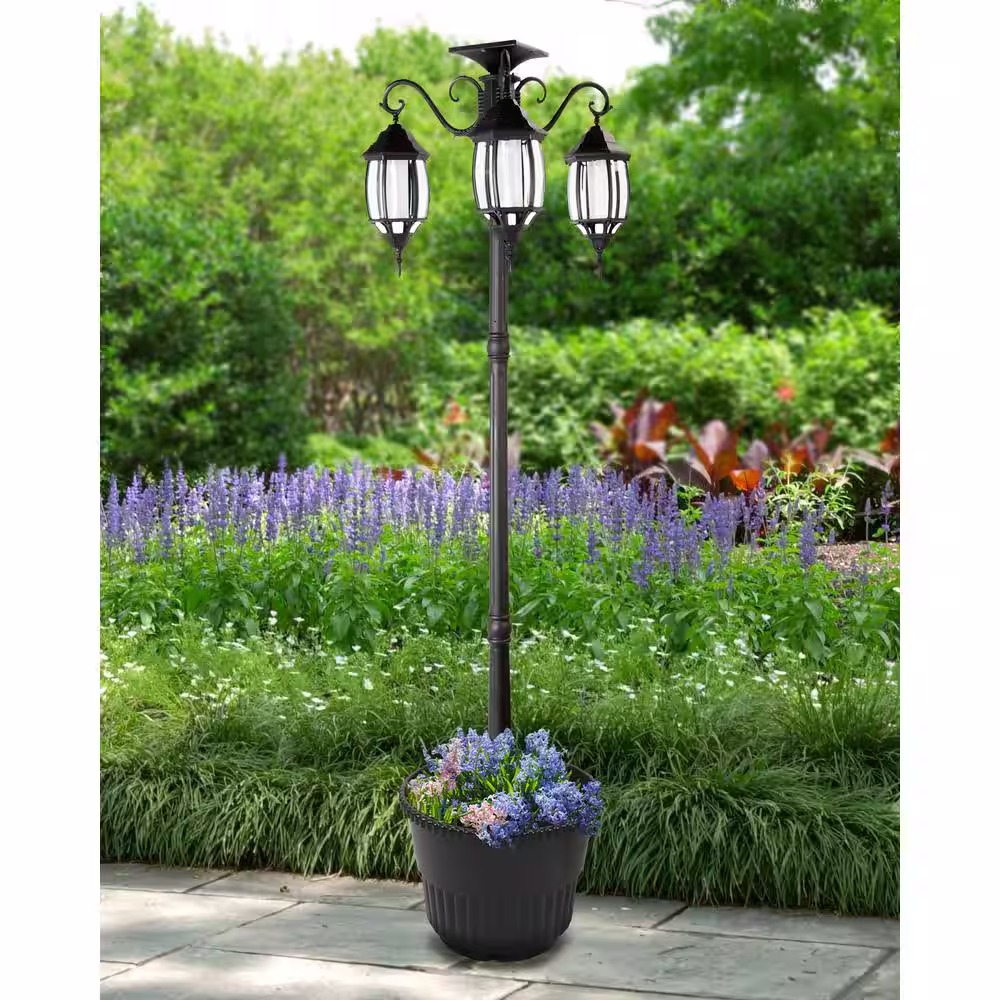 SunRay Madison 3-Light Black Integrated LED Solar Lamp Post and Planter