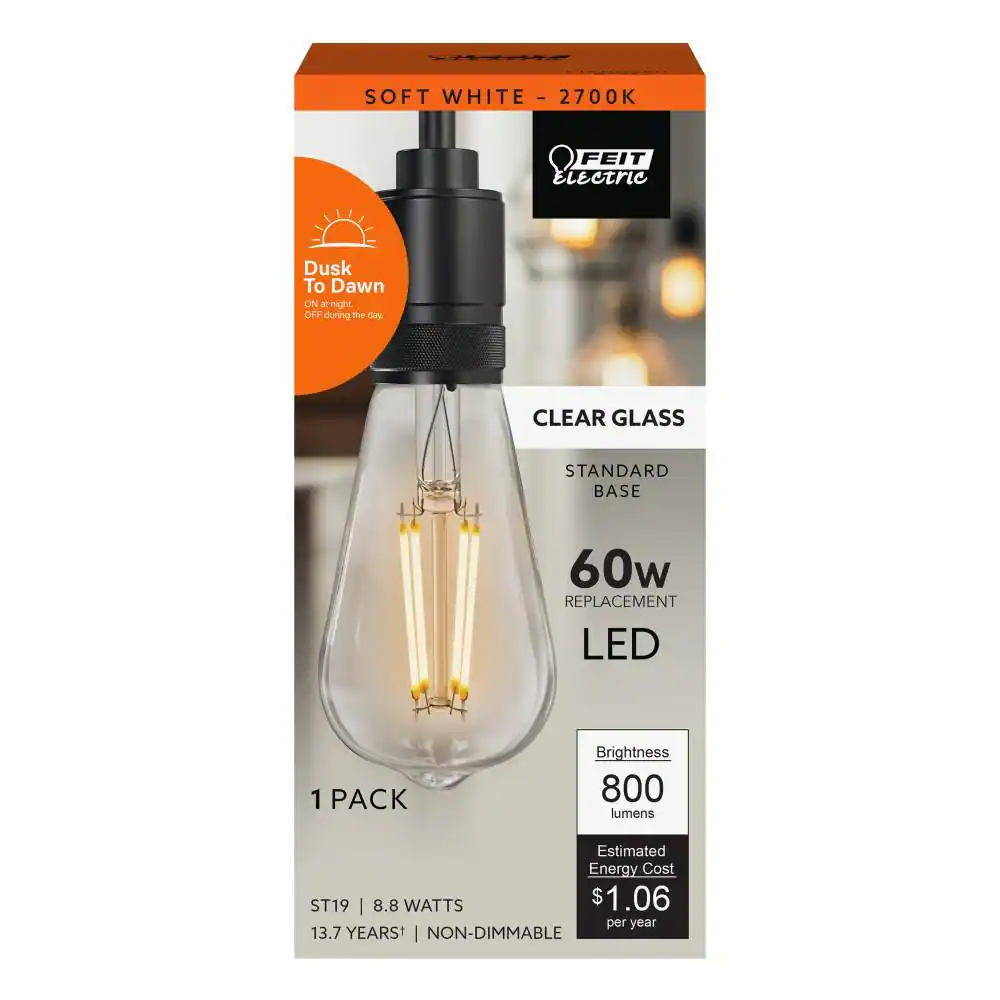 Feit Electric 60-Watt Equivalent ST19 Straight Filament Dusk to Dawn Clear Glass E26 Vintage Edison LED Light Bulb, Soft White