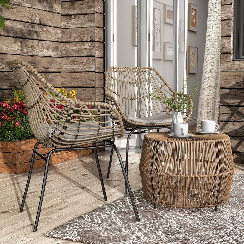 None Arno Natural Brown 3-Piece Metal Round Outdoor Bistro Set with Gray Cushions
