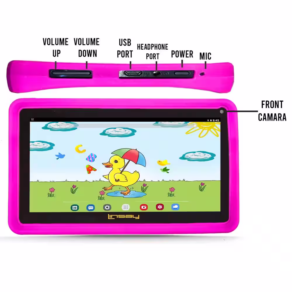 LINSAY 7 in. 2GB RAM 32GB Storage Android 12 Tablet with Pink Kids Defender Case, Fashion Bag and 128GB Micro SD Card
