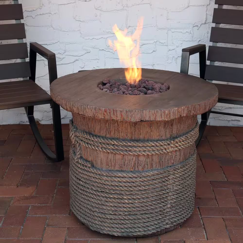 Sunnydaze Decor 29 in. Round Fiberglass Rope and Barrel Propane Gas Fire Pit Table with Lava Rocks