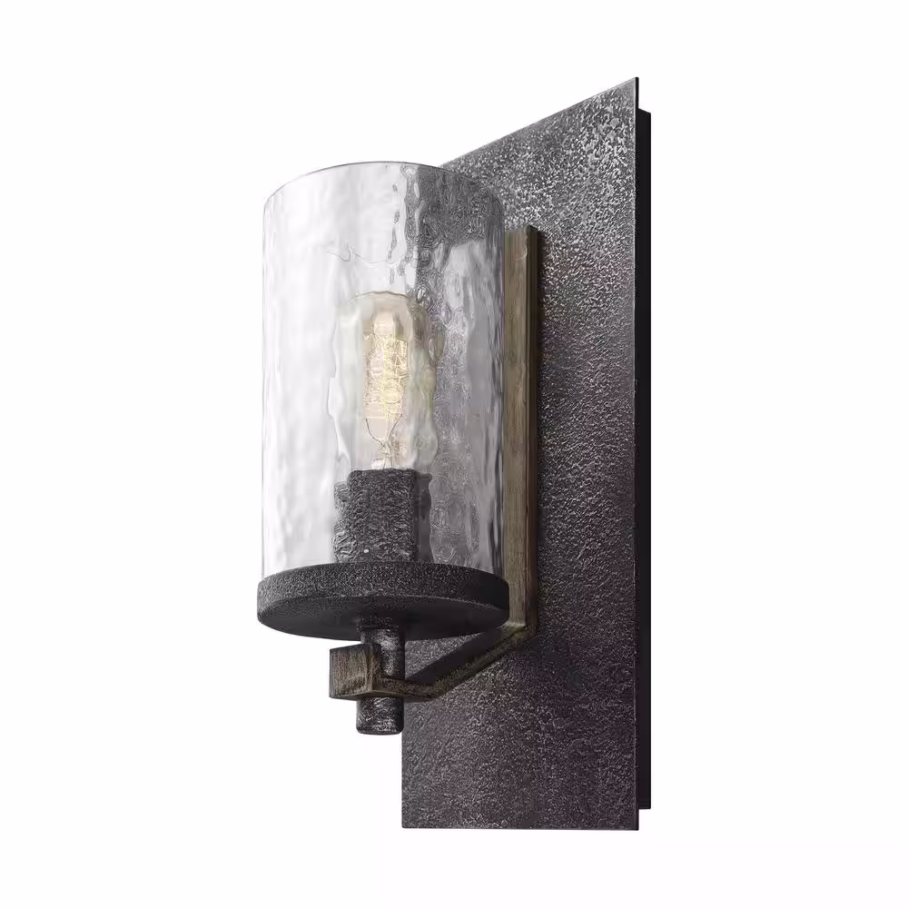 Generation Lighting Angelo 5.5 in. W. 1-Light Distressed Weathered Oak and Slated Grey Metal Wall Sconce with Clear Thick Wavy Glass