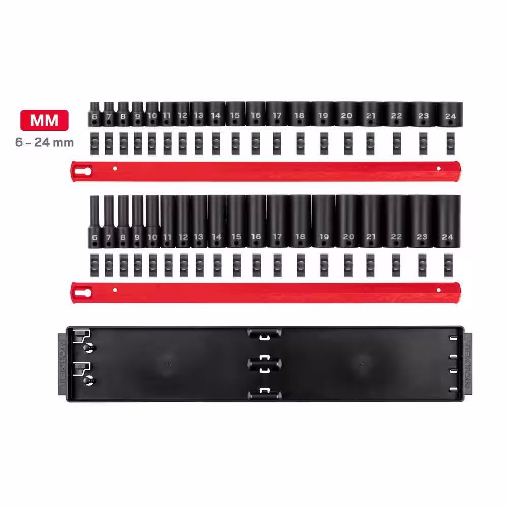 TEKTON 3/8 in. Drive 6-Point Impact Socket Set (38-Piece) (6-24 mm) with Rails