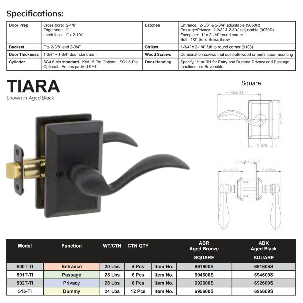 DELANEY HARDWARE Sandcast Tiara Aged Bronze Single Dummy Left Hand Door Lever with Square Backplate