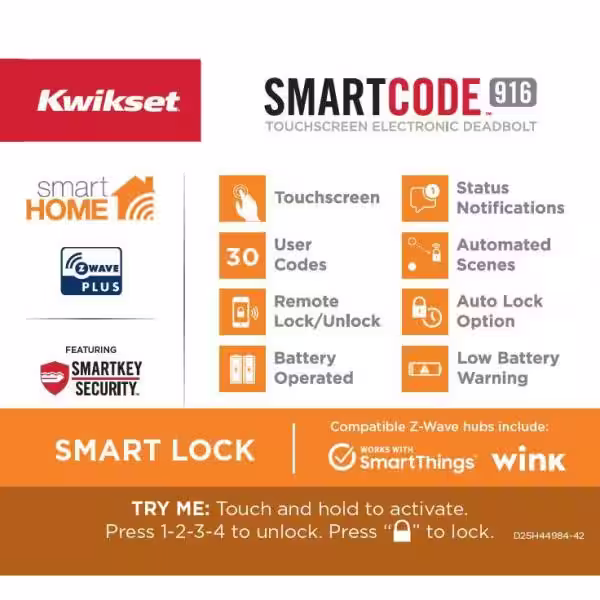 Kwikset Z-Wave SmartCode 916 Touchscreen Single Cylinder Keypad Electronic Deadbolt with Avalon Handleset and Tustin Lever