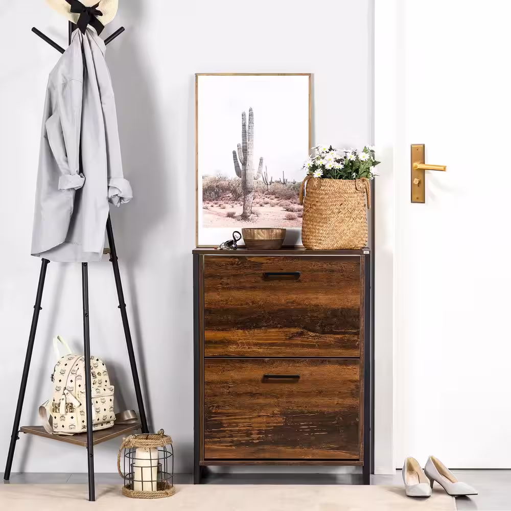 HOMCOM 33.5 in. H x 25.25 in. W Rustic Brown Wood Shoe Storage Cabinet