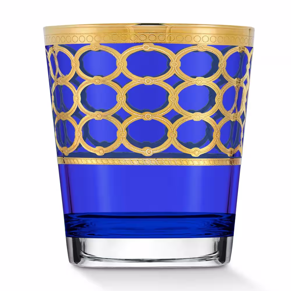 Lorren Home Trends 10 oz. Cobalt Blue with Gold Rings Double Old Fashion Tumbler/Whiskey (Set of 4)