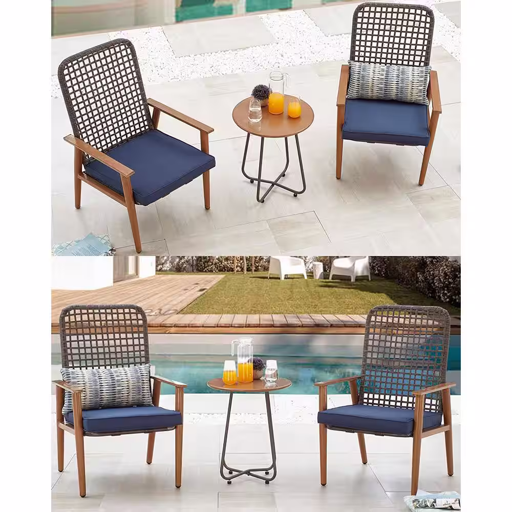 TOP HOME SPACE 3-Piece Wicker Outdoor Bistro Set with Blue Cushion