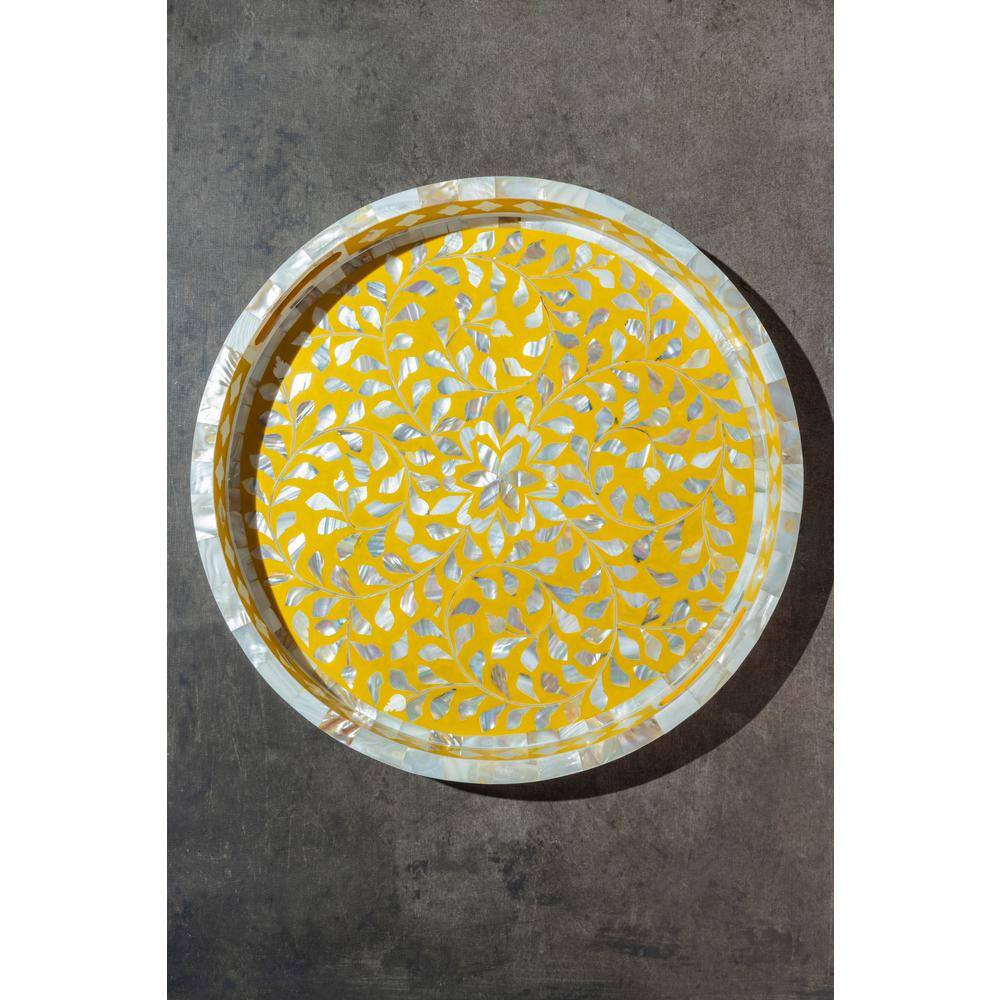 GAURI KOHLI Jodhpur Mother of Pearl Decorative Tray - Mustard 18 in.