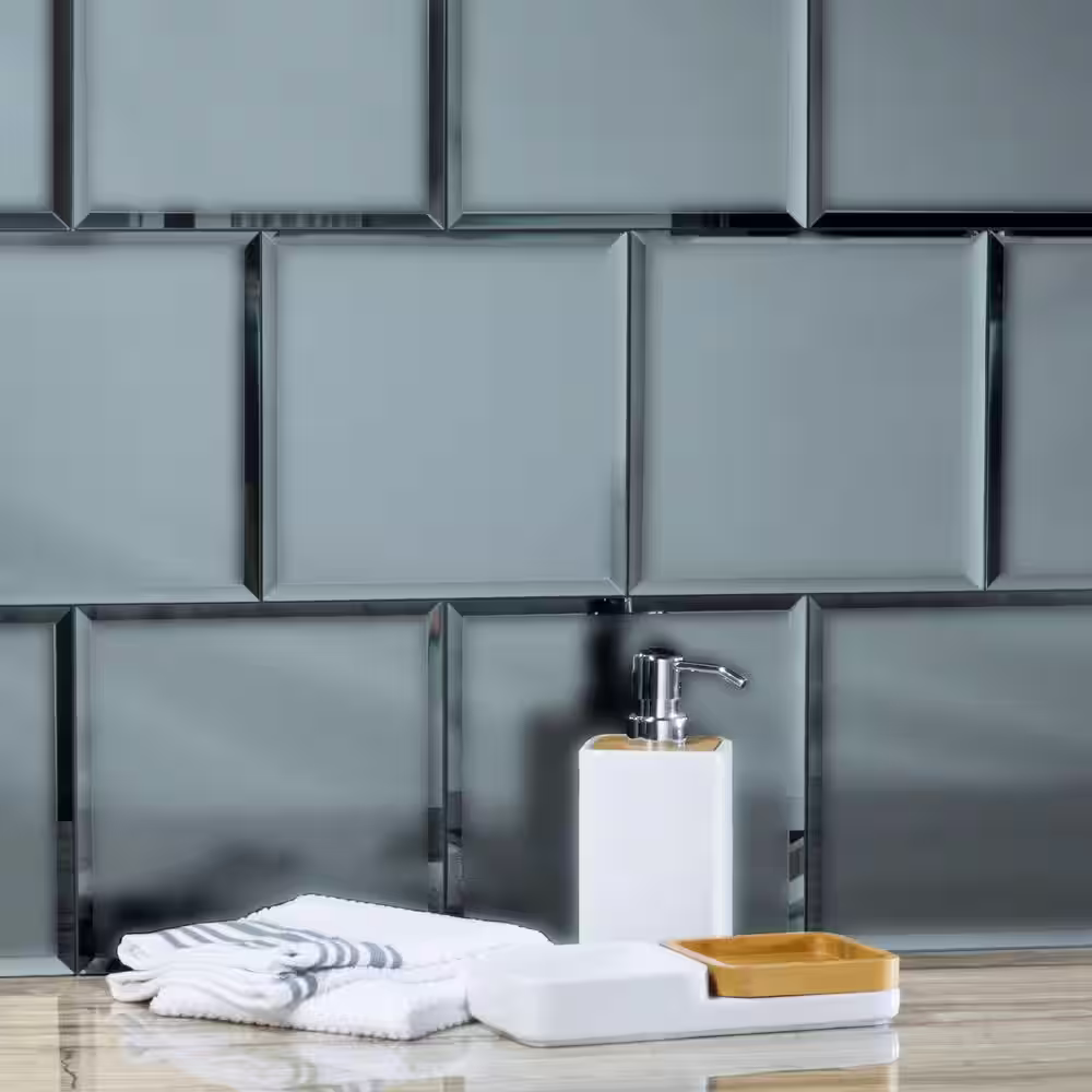 ABOLOS Blue Diamond Frosted Blue Beveled Square 8 in. x 8 in. Matte Glass Mirror Wall Tile (16 sq. ft./Case)