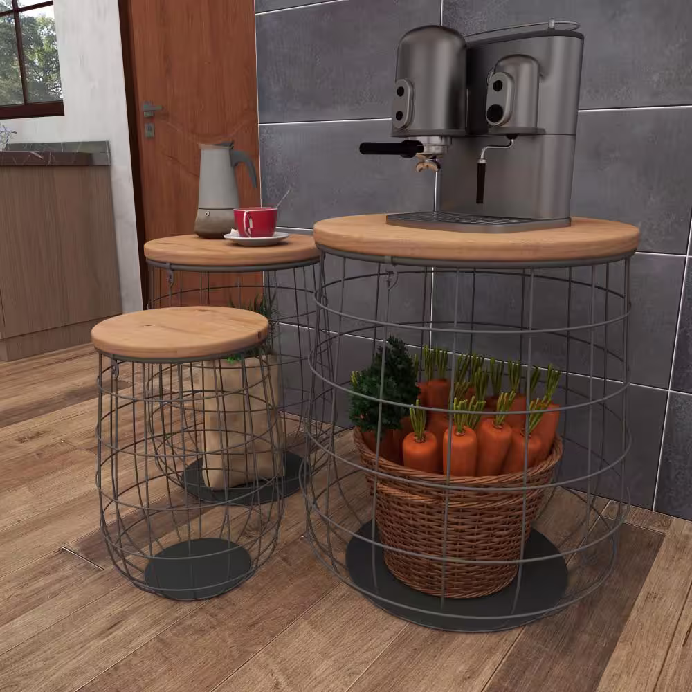 Litton Lane Metal Storage Basket with Wood Lids (Set of 3)