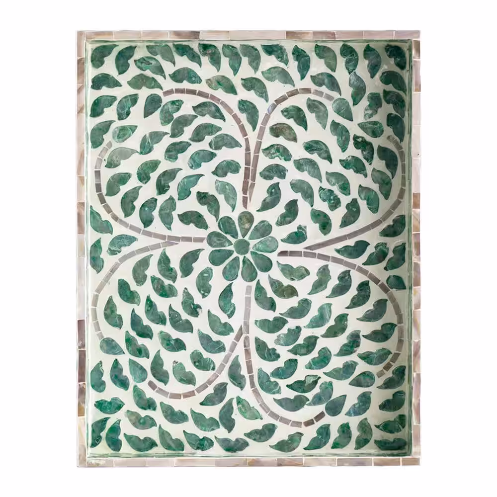 None 15 in. x 12 in. x 2 in. Green Rectangular Capiz Tray with Handles