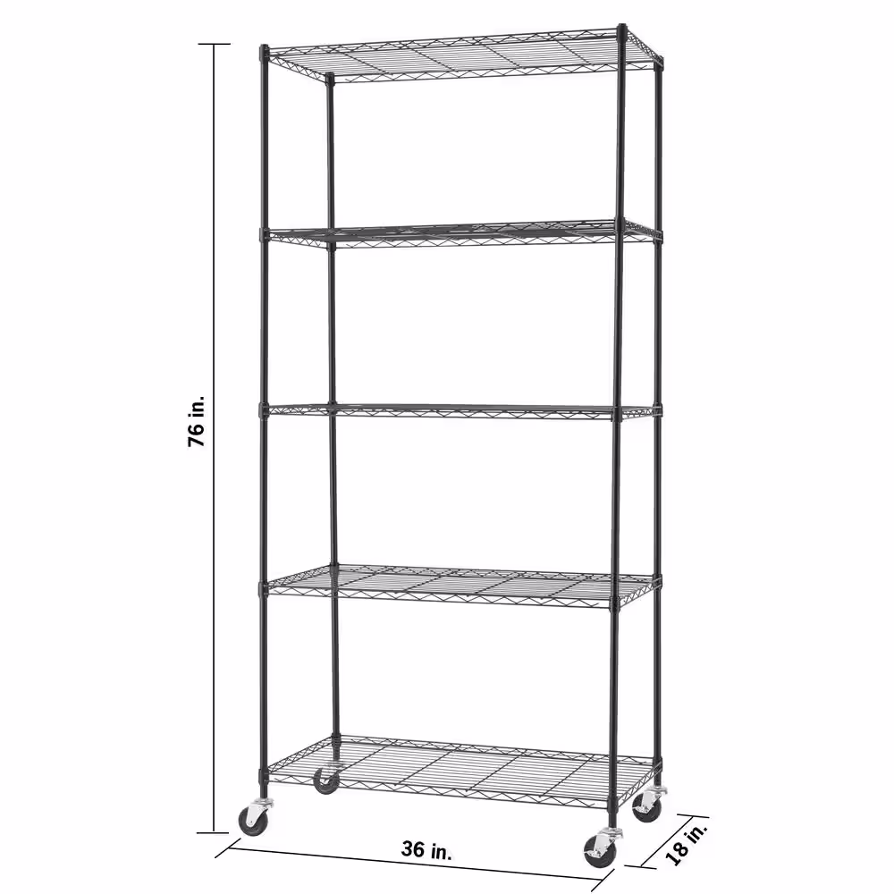 TRINITY EcoStorage Black 5-Tier Rolling Steel Wire Shelving Unit (36 in. W x 76 in. H x 18 in. D)