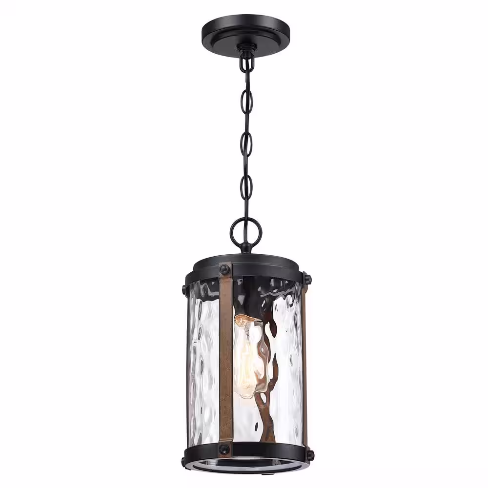 Hukoro 14 in. H 1-Light Barnwood Accents and Matte Black Outdoor Hanging Lantern Pendant (2-Pack)
