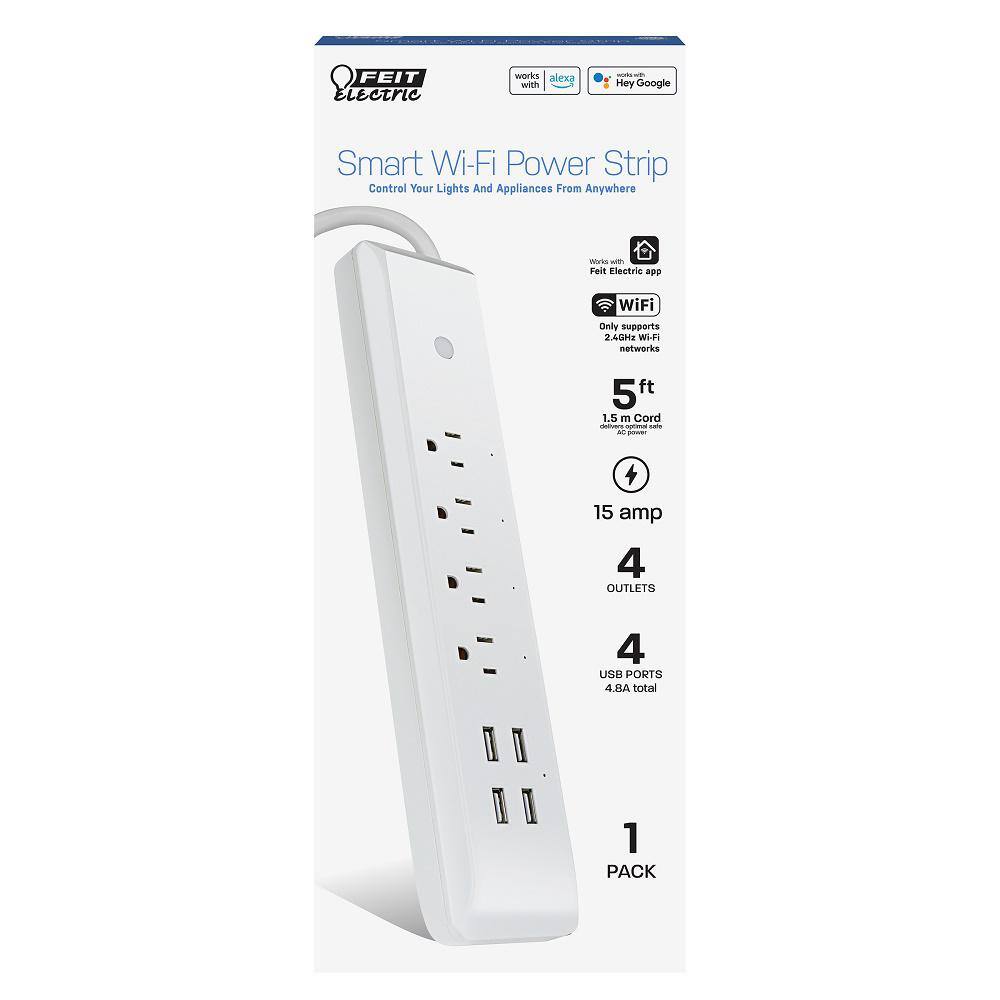 Feit Electric 5 ft. Cord 15-Amp Alexa / Google Assistant Compatible Smart Wi-Fi 4-Outlet Power Strip with 4-USB Ports, White (12-Pack)