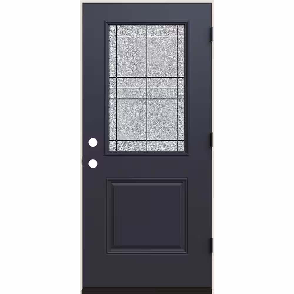 JELD-WEN 36 in. x 80 in. Left Hand 1/2 Lite Dilworth Decorative Glass Black Steel Prehung Front Door