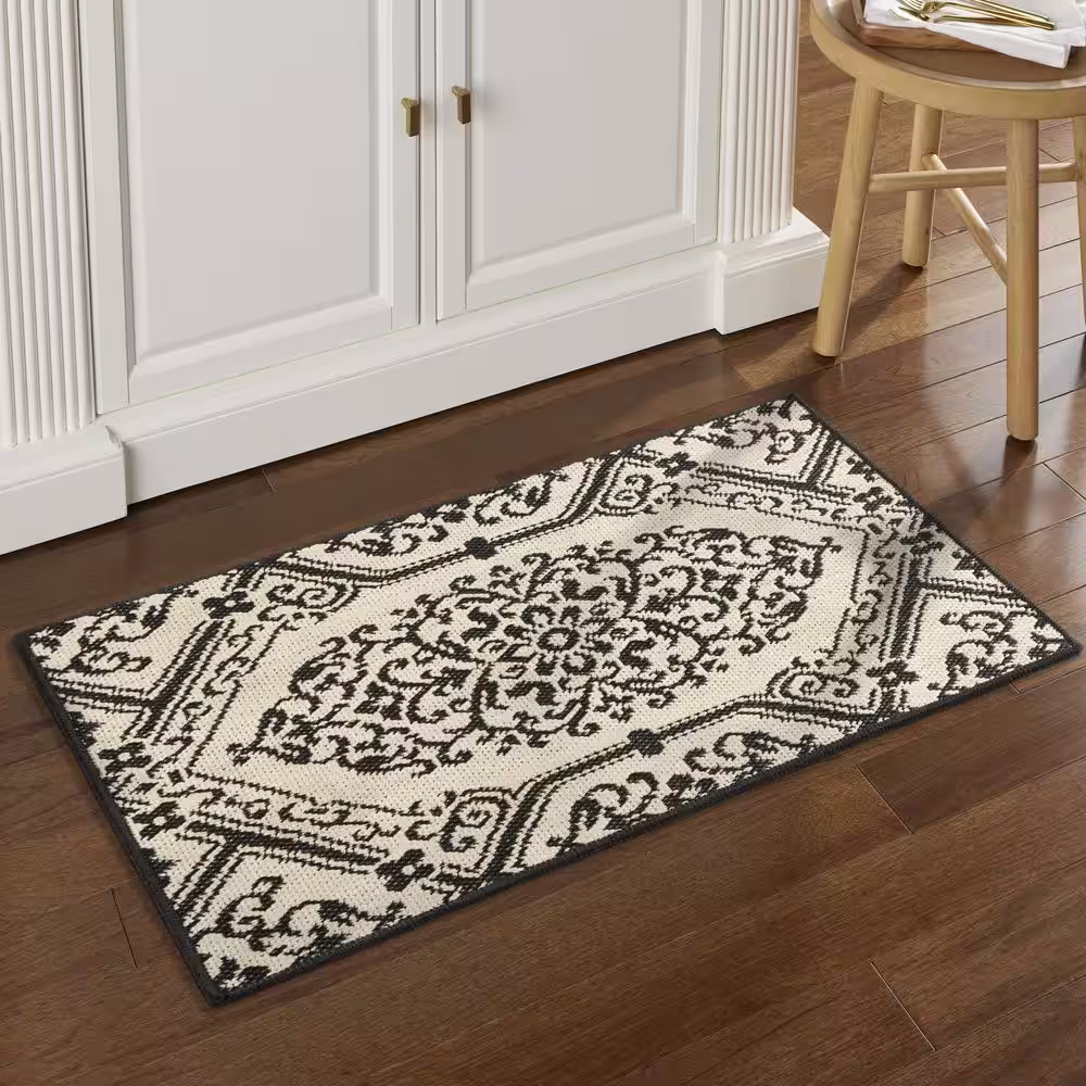 Home Dynamix Cafe Jardin Beige/Black 23.6 in. x 35.4 in. Kitchen Mat