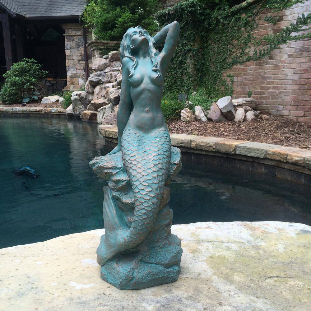 HOMESTYLES 28 in. Mermaid Bronze Patina Sitting on Coastal Rock Beach Collectible Statue