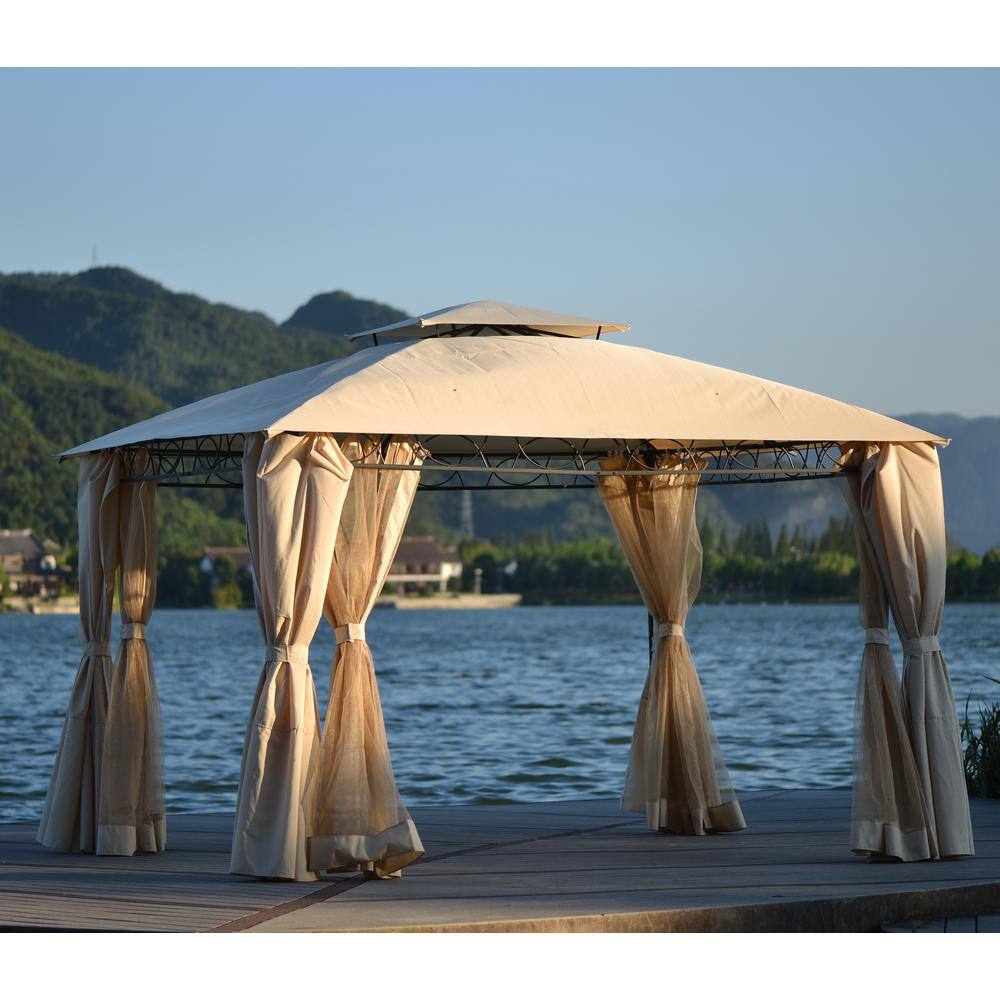 None 11.8 ft. x 10.6 ft. Outdoor Gazebo Double Tiered Roof Patio Gazebo, Grill Canopy Tent with Metal Frame, Beige Curtains