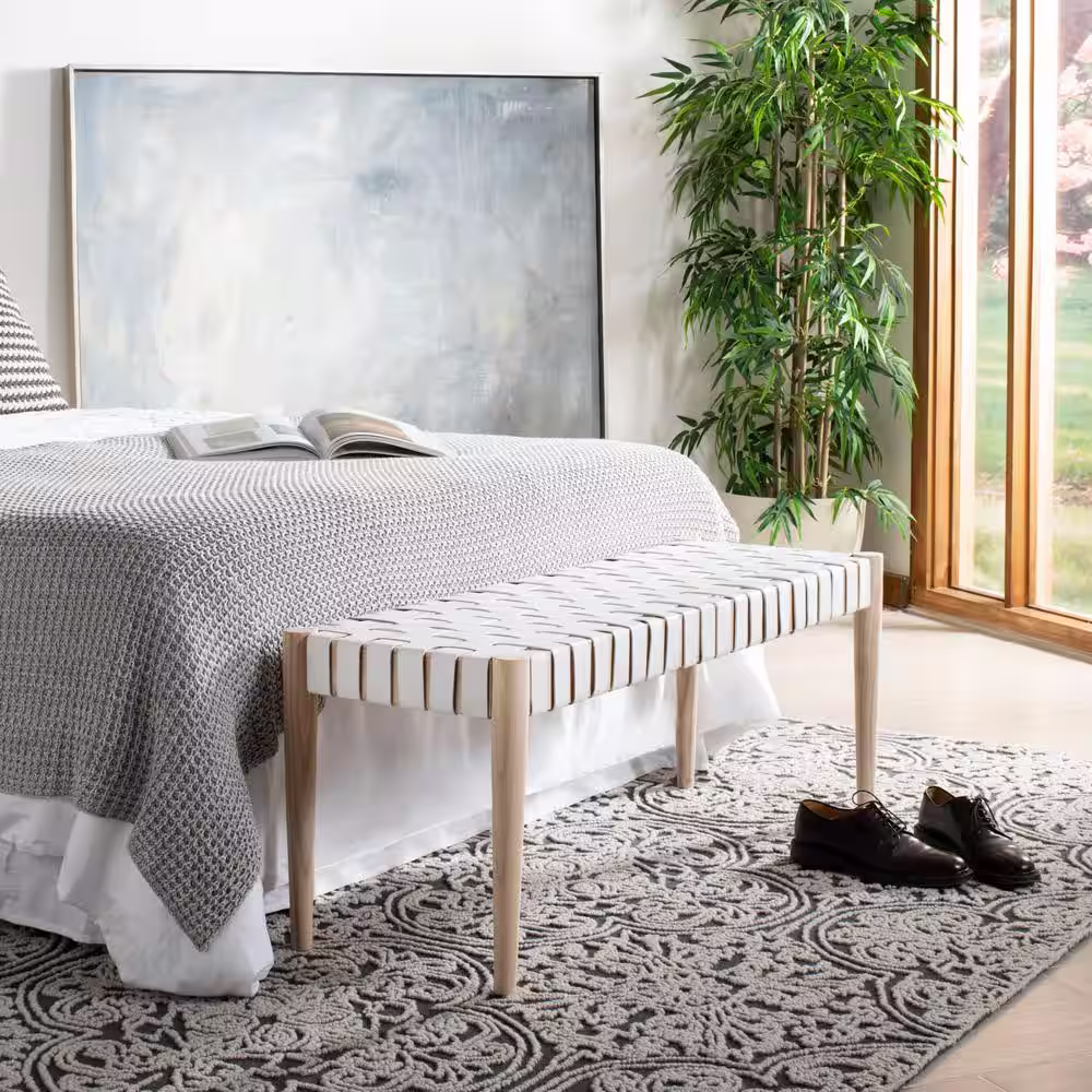 SAFAVIEH Amalia 47 in. Off-White/Brown Faux Leather Entryway Bench