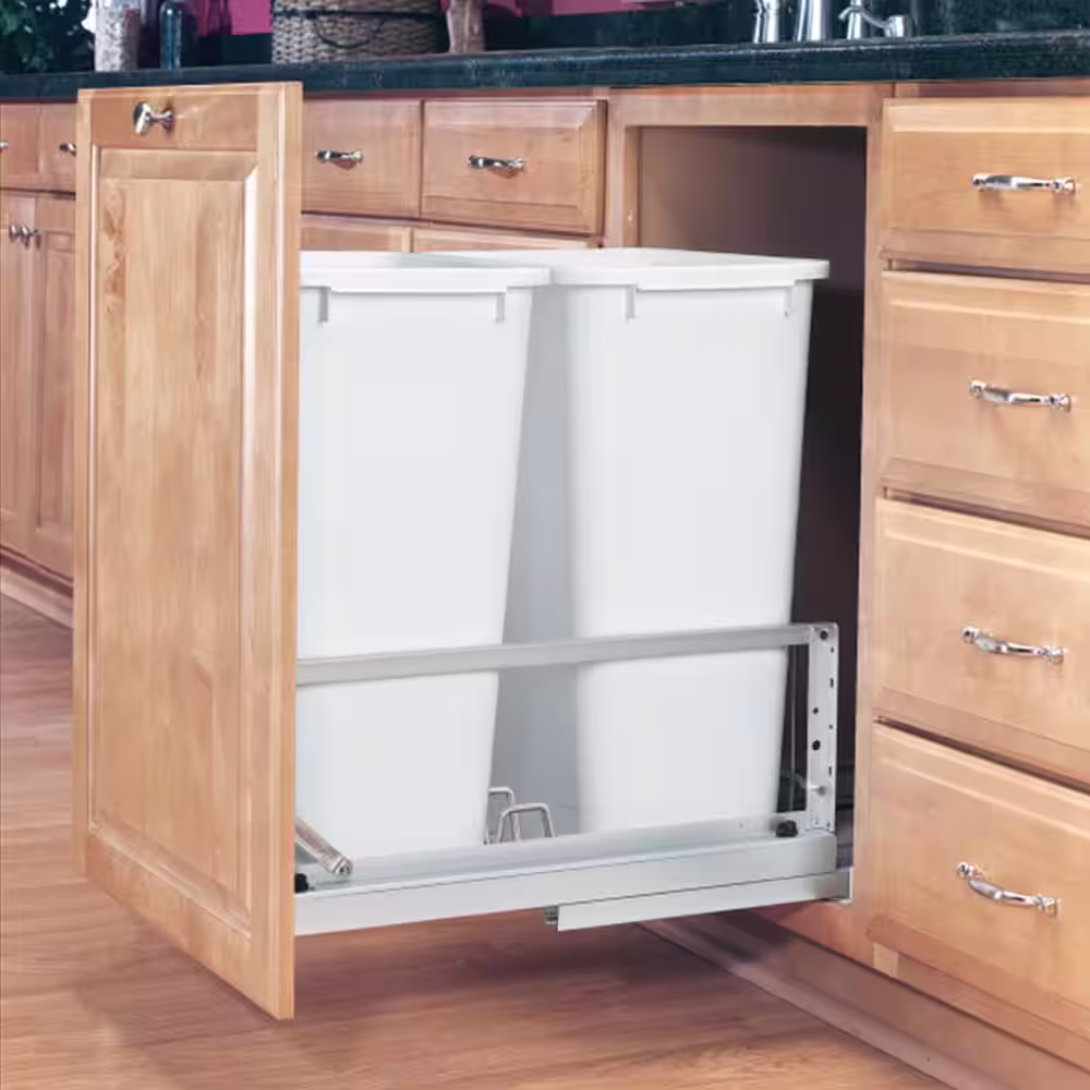 Rev-A-Shelf Double 14.81 in. W x 22.94 in. H 50 Qt. Pull-Out Brushed Aluminum and White Waste Container
