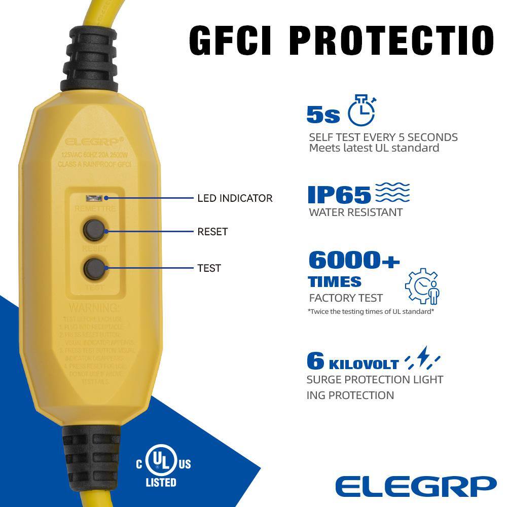 ELEGRP 3 ft. 15 Amp In-Line Self-Test Automatic Reset Portable GFCI Plug with 3-Outlet Cord, Yellow