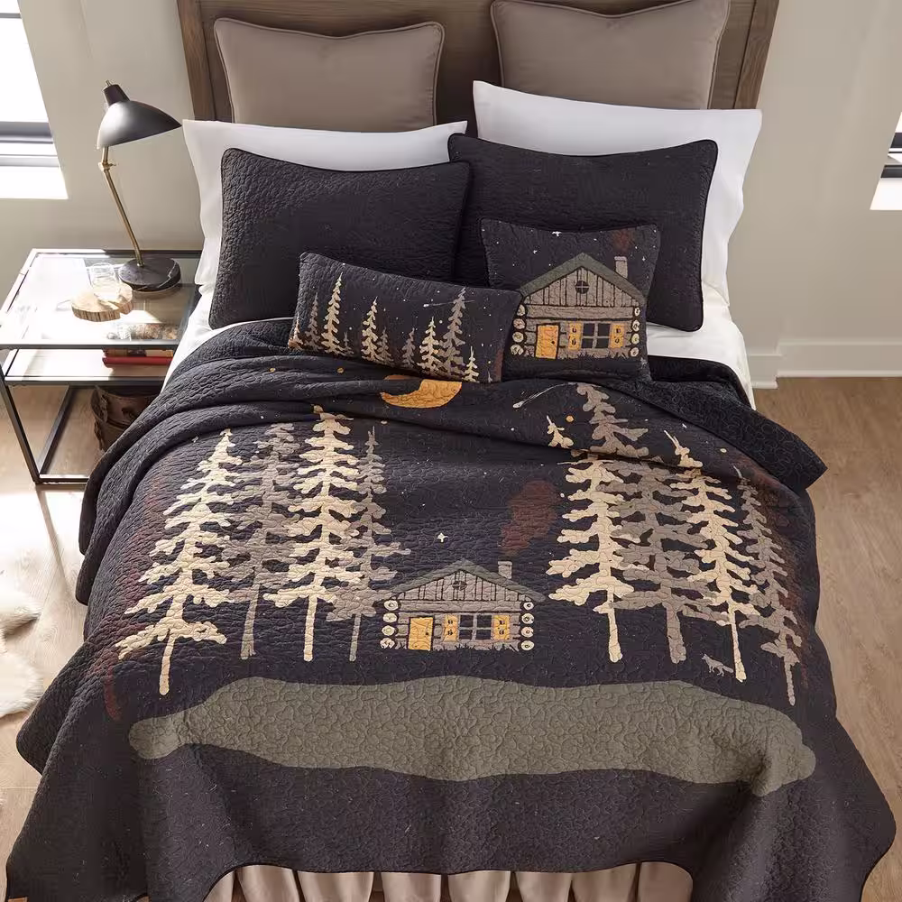 DONNA SHARP Moonlit Cabin Black, Gold, Grey Polyester 11 in. x 22 in. Rectangular Throw Pillow