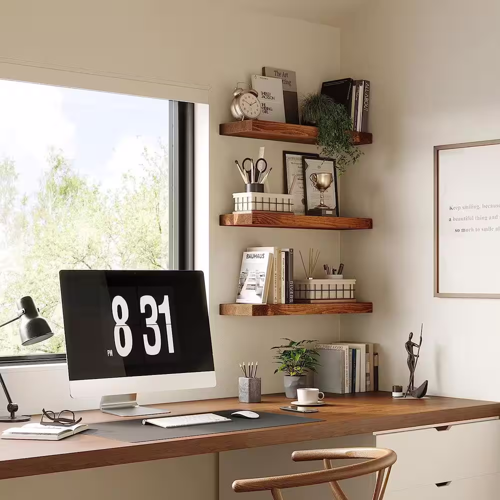 None 24 in. W x 6.7 in. D Walnut Wood Decorative Wall Shelf, Floating Shelves Set of 2