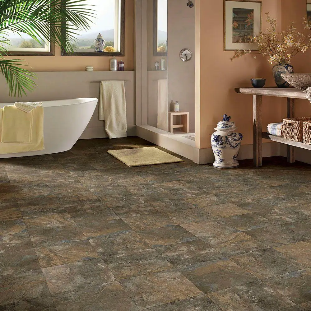 TrafficMaster Dark Grey Slate 3 MIL x 12 in. W x 12 in. L Peel and Stick Water Resistant Vinyl Tile Flooring (30 sqft/case)