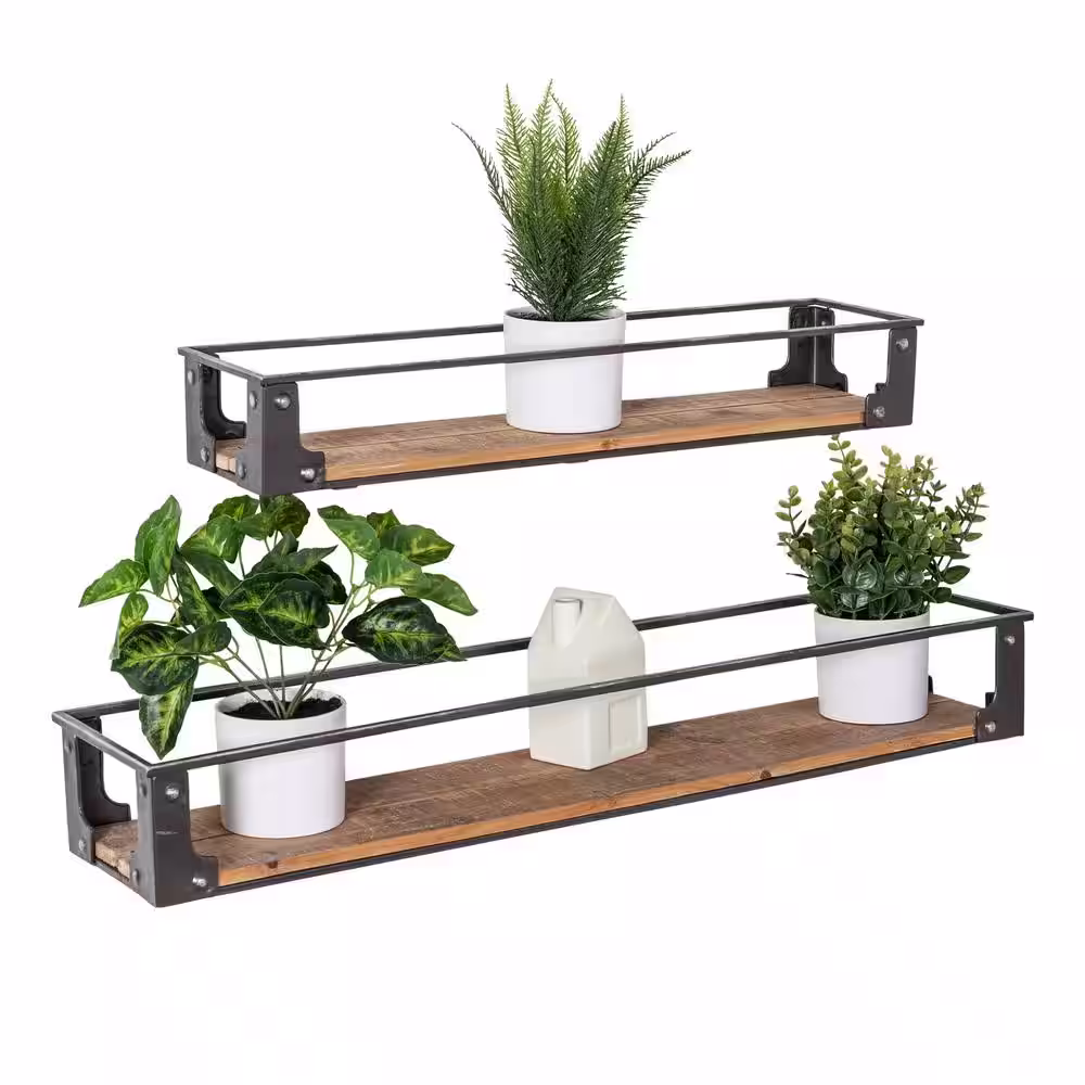 Honey-Can-Do Black/Rustic Steel and Wood Floating Decorative Wall Shelves (Set of 2)