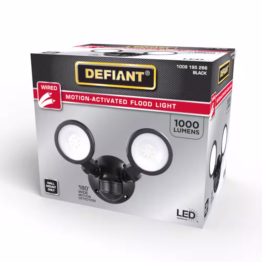 Defiant 180-Degree Black Motion Activated Wired Outdoor 2-Head Dusk-to-Dawn LED Security Flood Light 1000 Lumens