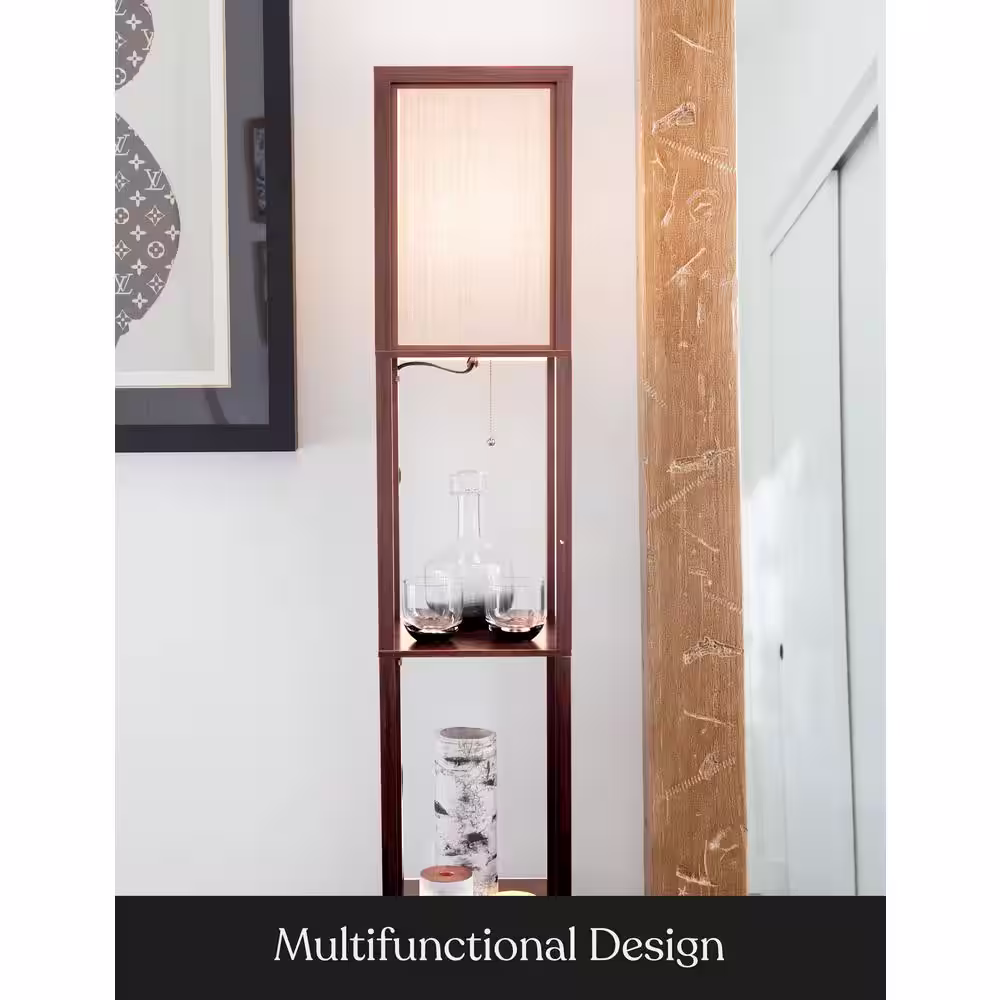 Brightech Maxwell 63 in. Walnut Brown LED Skinny Shelf Column Floor Lamp