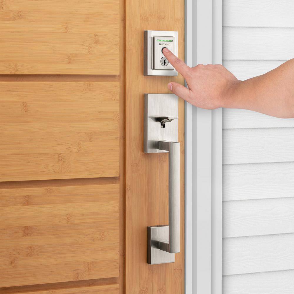 Kwikset Halo Touch Satin Nickel Contemporary Fingerprint Wi-Fi Smart Lock Deadbolt Feat SmartKey and Halifax Rectangular Lever