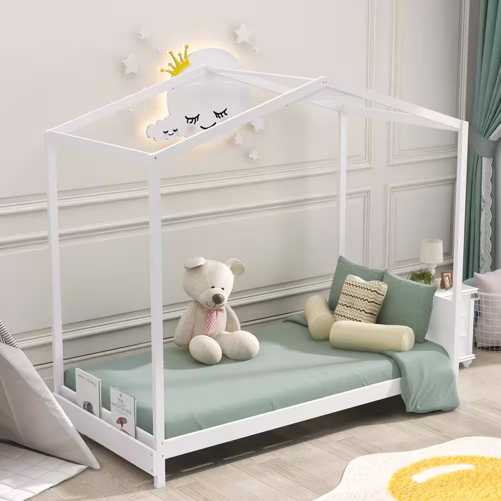 None White Wood Twin House Platform Bed with Headboard and Roof, Floor Toddler Kids House Canopy Bed Frame