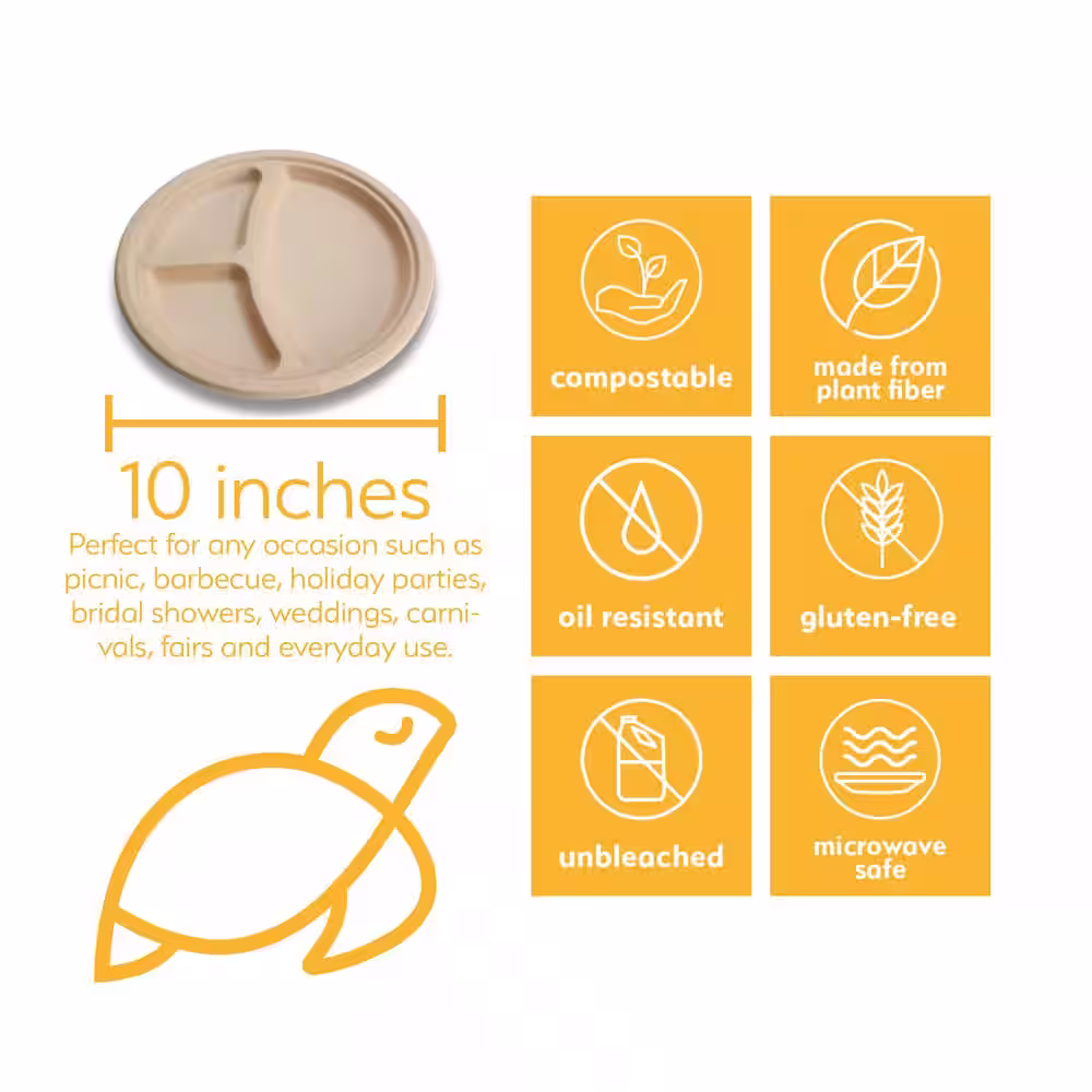 None 10 in. 3-Compartment Unbleached Bamboo Compostable Disposable Paper Plates