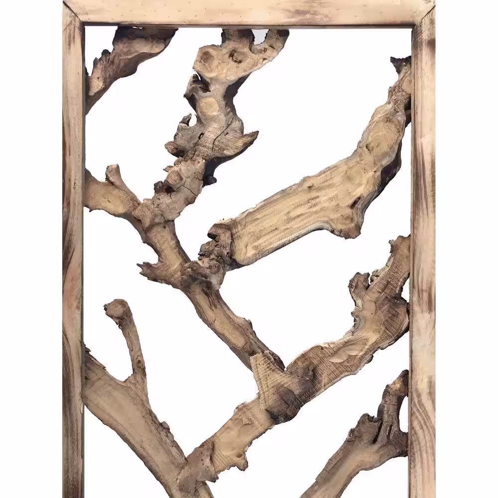 Benjara Brown 3-Panel Wooden Screen with Mulberry Alpine Like Branches Design